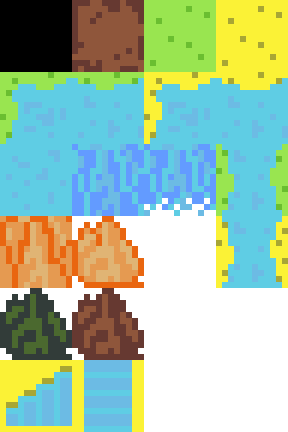 pixel tileset of dirt, grass, sand, grassy beaches, sandy beaches, water, waterfalls, rocky cliffs, boulders, bushes, dried bushes and staircases facing west and north